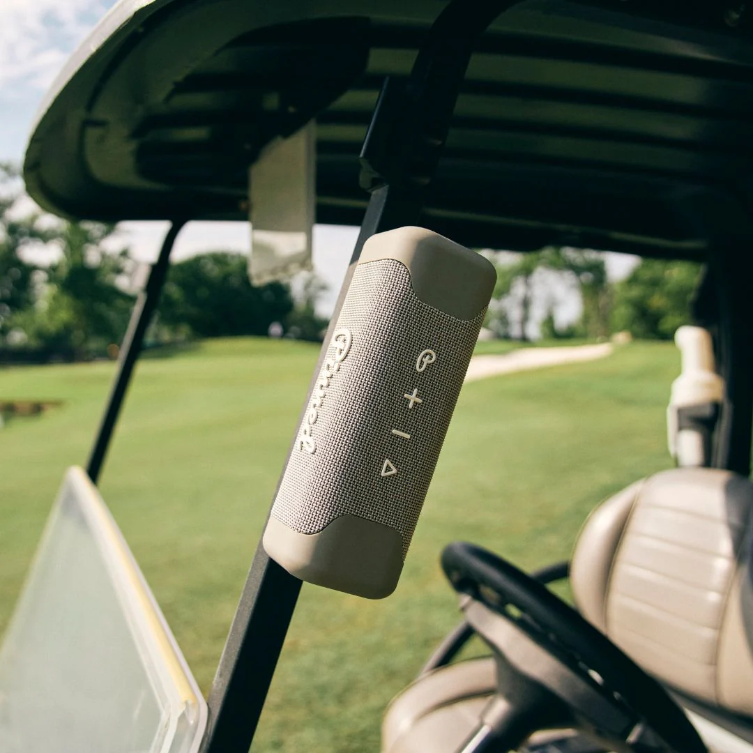 grey pinned golf speaker on a golf cart