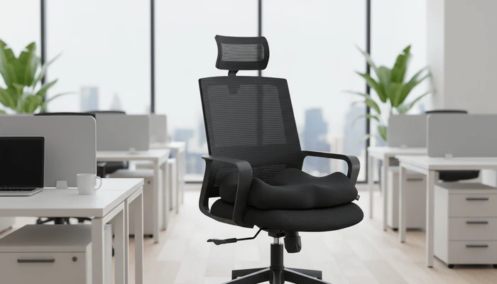 Ergonomic office chair with cushion in a modern office