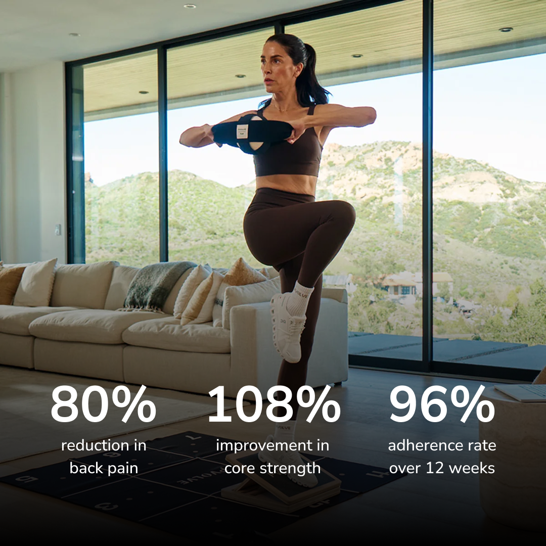 PVOLVE TTB statistics showing 80% pain reduction, 108% strength improvement, 96% adherence rate over 12 weeks